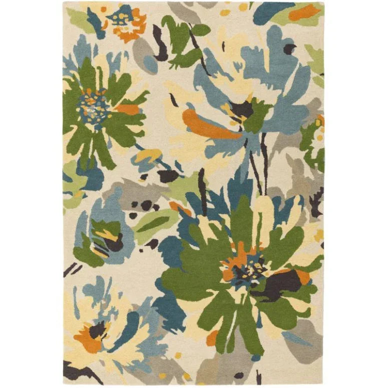 Floral patterned area rug with green, blue, and yellow abstract flowers on cream background