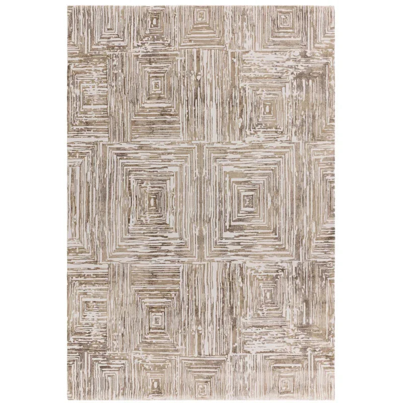 Geometric patterned area rug in beige and taupe with textured square designs