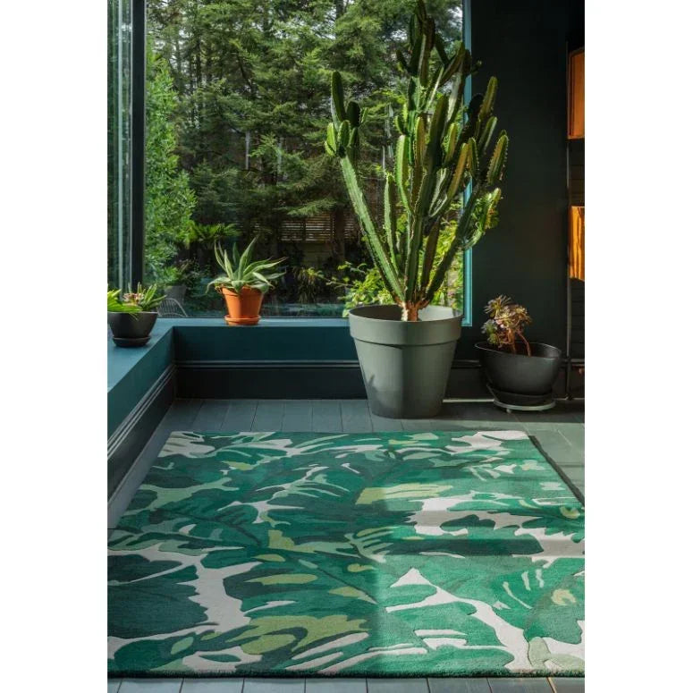 Green botanical patterned rug in sunroom with large potted cactus and houseplants