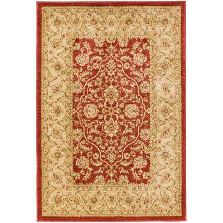 Red and cream traditional patterned rug with ornate floral border