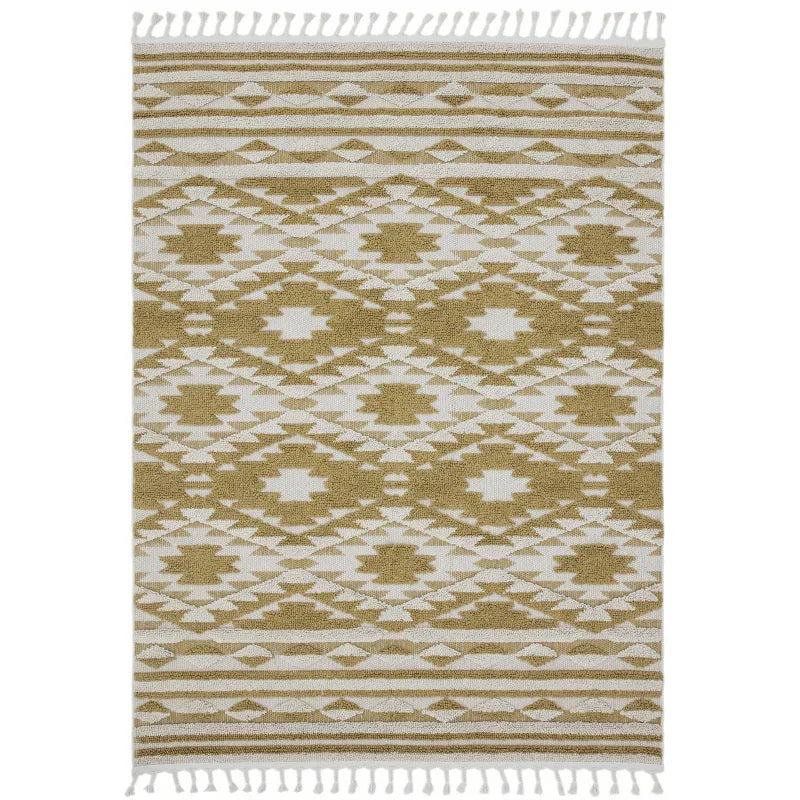 Beige and white geometric pattern rug with tassel edges
