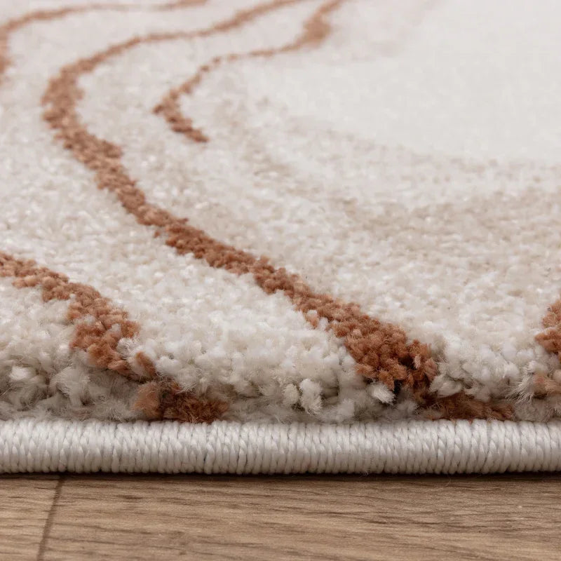 Close view beige and brown patterned rug texture on wooden floor