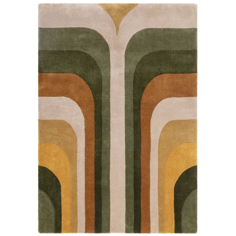 Rectangular area rug with abstract arch pattern in green, beige, brown, and mustard yellow