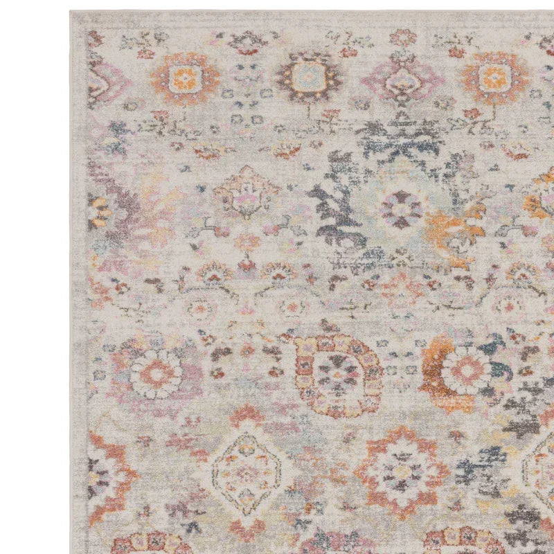 Vintage style area rug with multicolour floral pattern on beige background