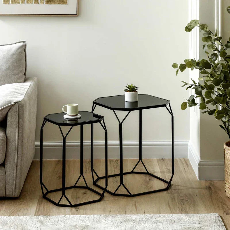 Set of 2 Black Metal Nesting Table with Black Mirror Top