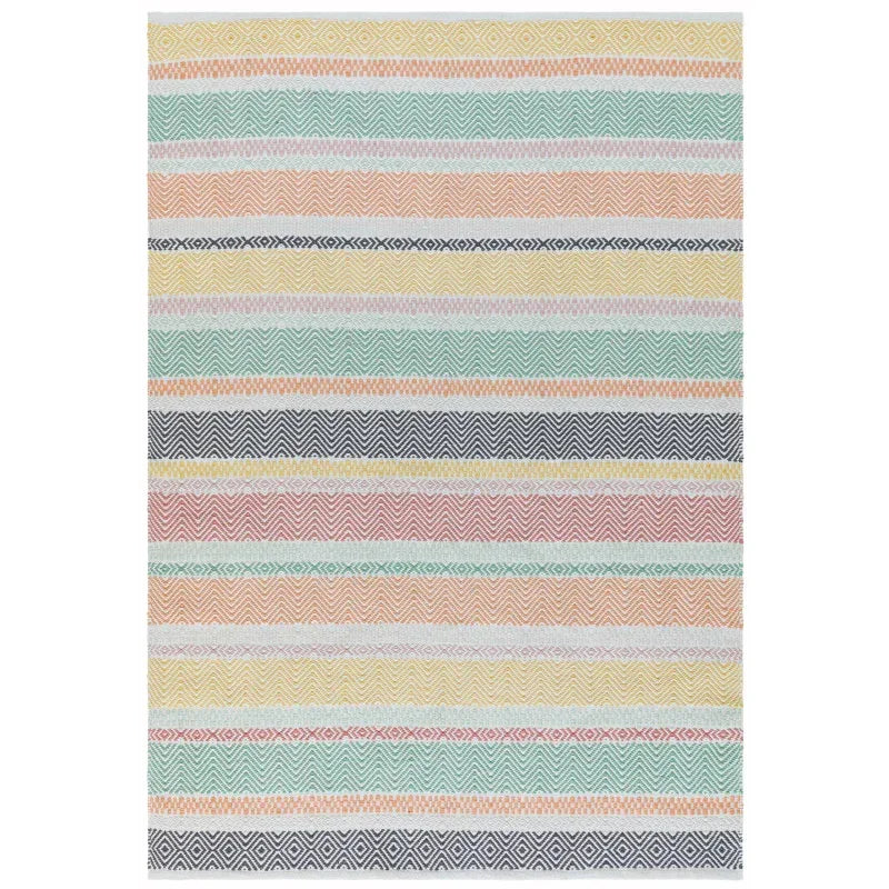 Multi-coloured striped rug with geometric patterns in yellow, green, pink and black tones
