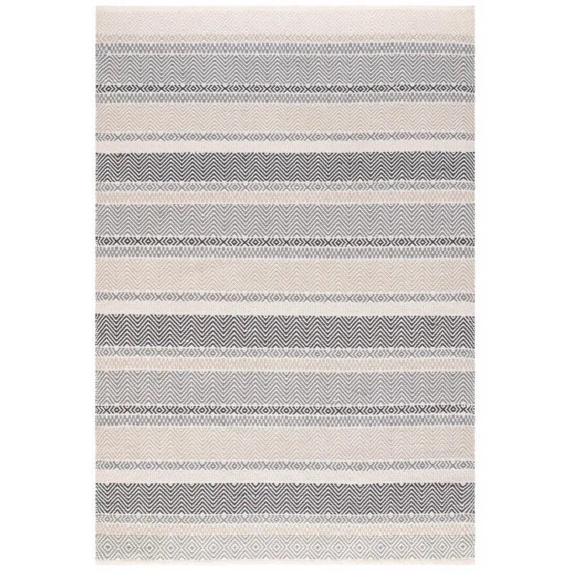 Neutral striped area rug with geometric patterns in beige and grey
