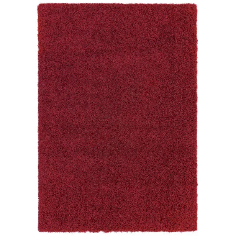 Red shaggy rug with soft pile and rectangular shape, photographed from above