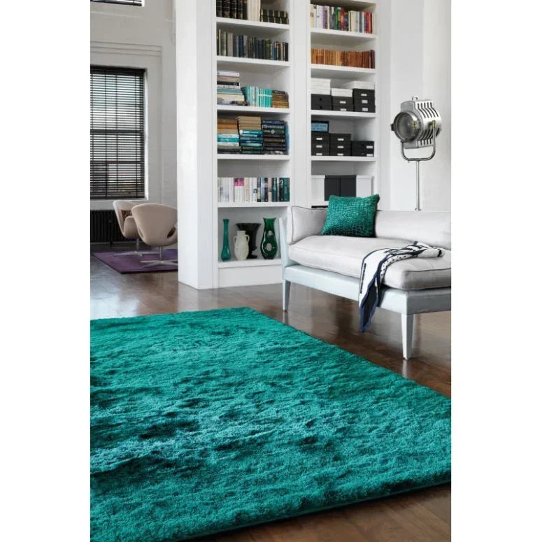 Teal shaggy rug in modern living room with grey sofa and white bookcase