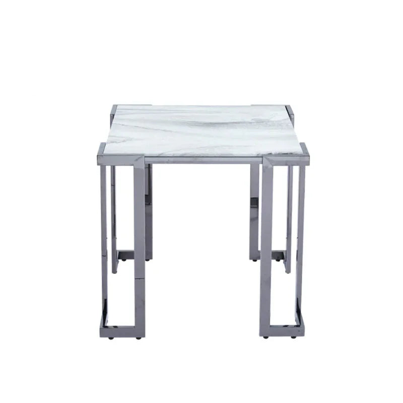Aamari Grey Gunmetal End Table with White Faux Marble Glass Top - KD