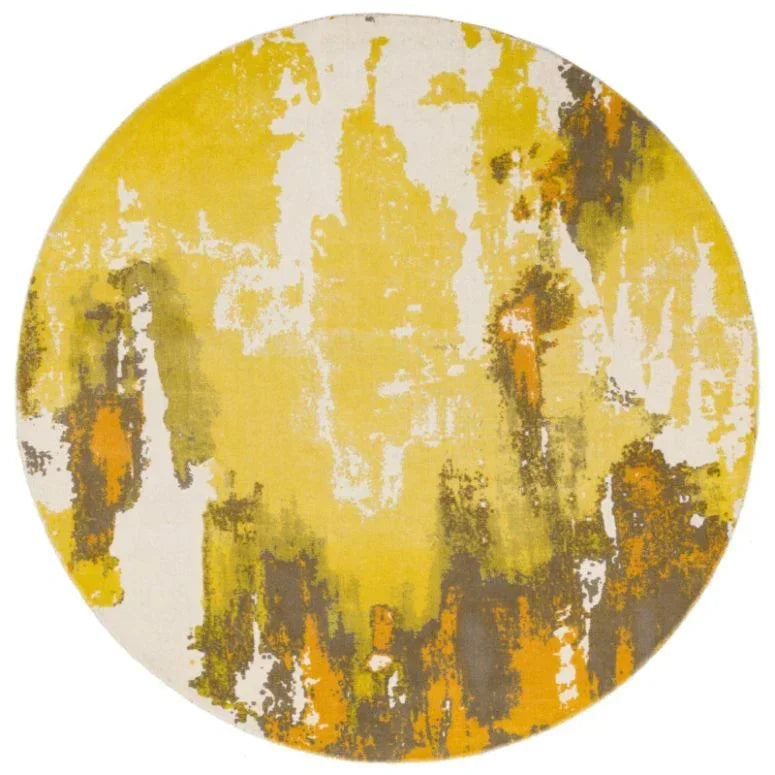 Round abstract area rug with yellow, orange, grey and white pattern