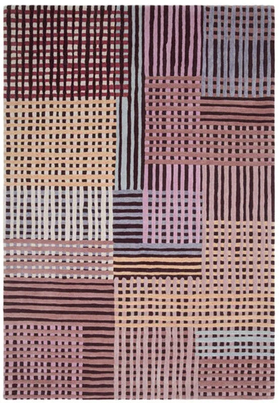 Modern area rug with multicolored grid pattern in pink, beige, and purple tones