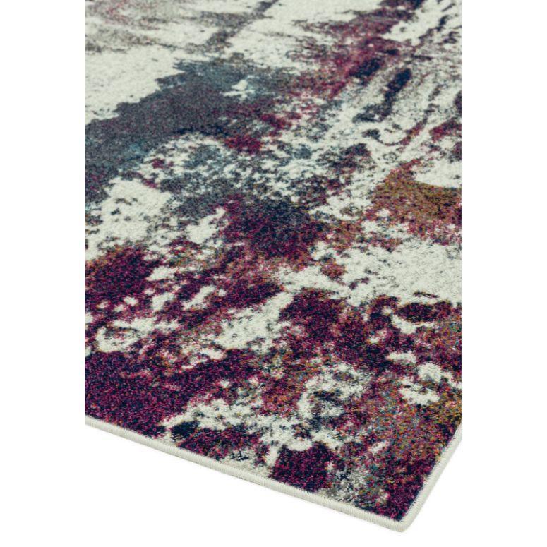 Abstract multicolour area rug with maroon, grey, and cream tones, close-up corner view