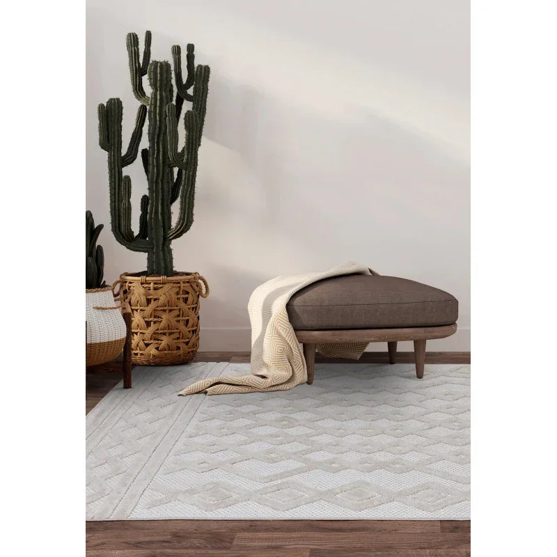 Beige geometric area rug on wood floor with brown ottoman and cactus plant