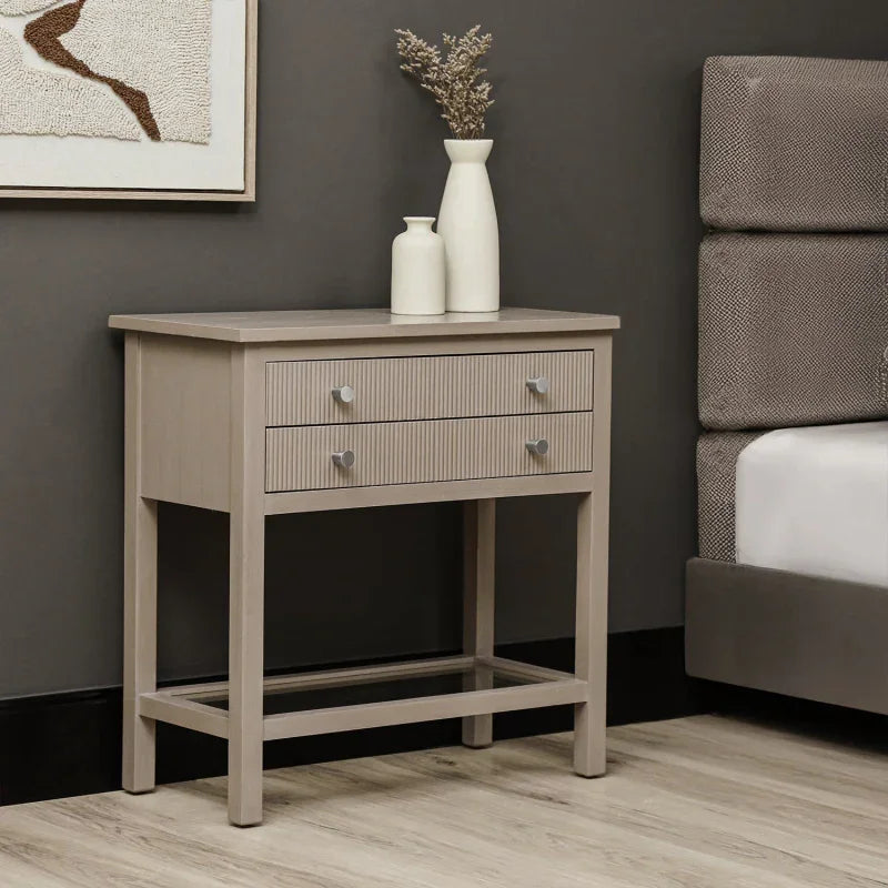Lindon Taupe 2 Drawer Bedside Cabinet with Glass Shelf