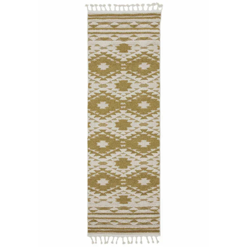 Patterned hallway runner rug with geometric design in olive green and cream, tasseled edges