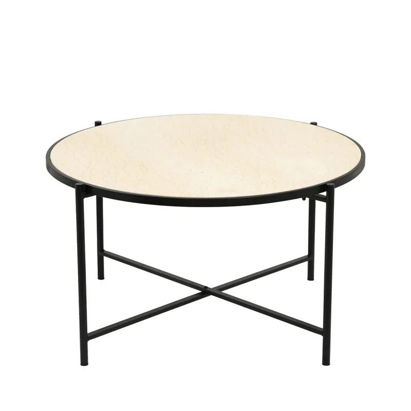 45cm Black Metal Coffee Table with Travertine Marble Top