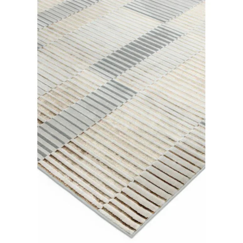 Beige and grey modern area rug with linear stripe pattern, corner angle view
