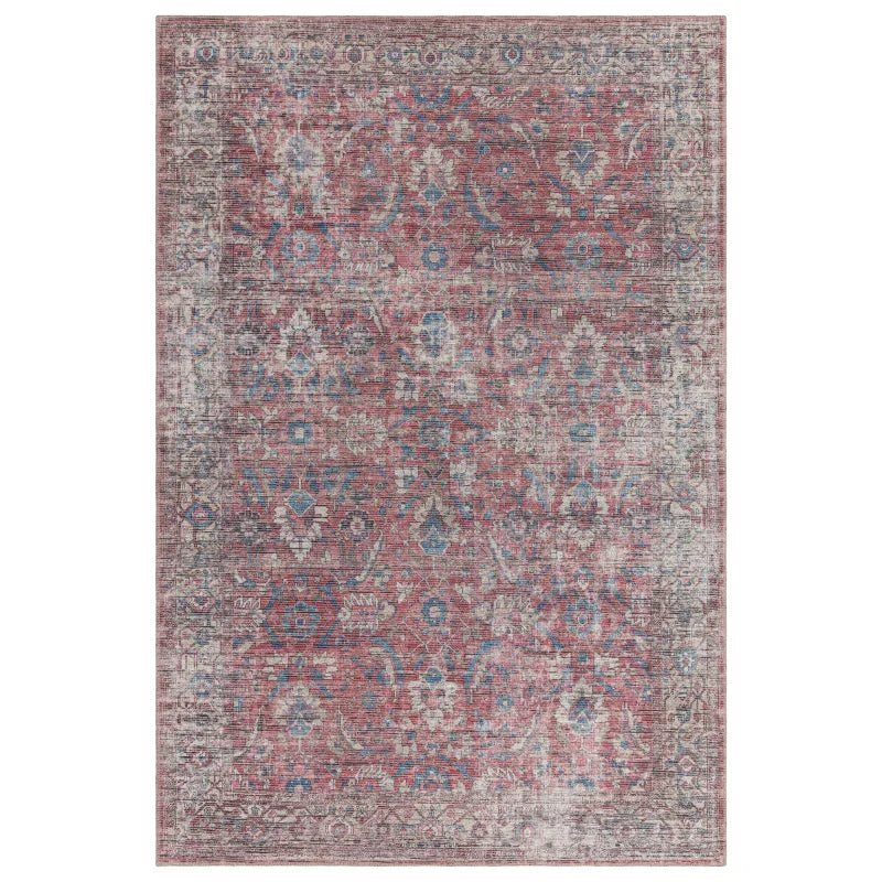 Red vintage pattern area rug with blue and grey floral accents, full top-down view