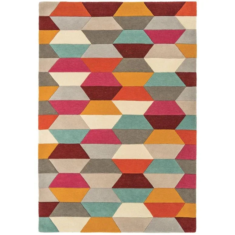 Geometric patterned rug with multicolored hexagon shapes in red, teal, orange, and beige