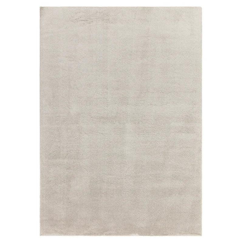 Light grey area rug with soft pile and rectangular shape, shown from overhead angle