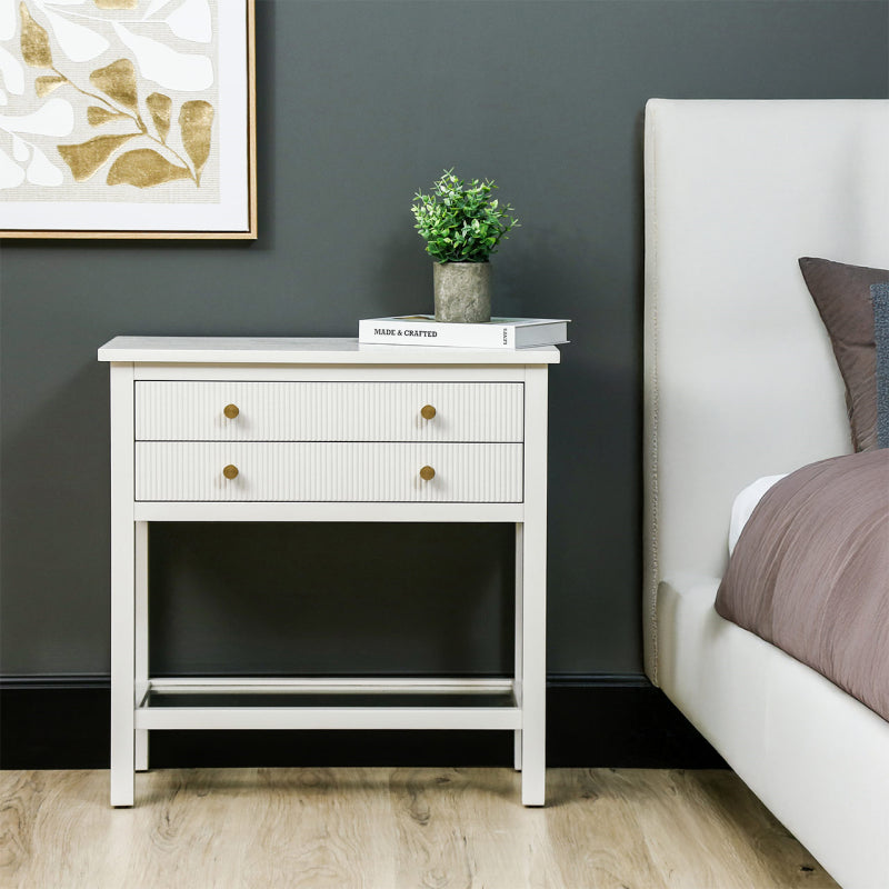 Lindon Frosty White 2 Drawer Bedside Cabinet with Clear Glass Shelf with Gold Handle