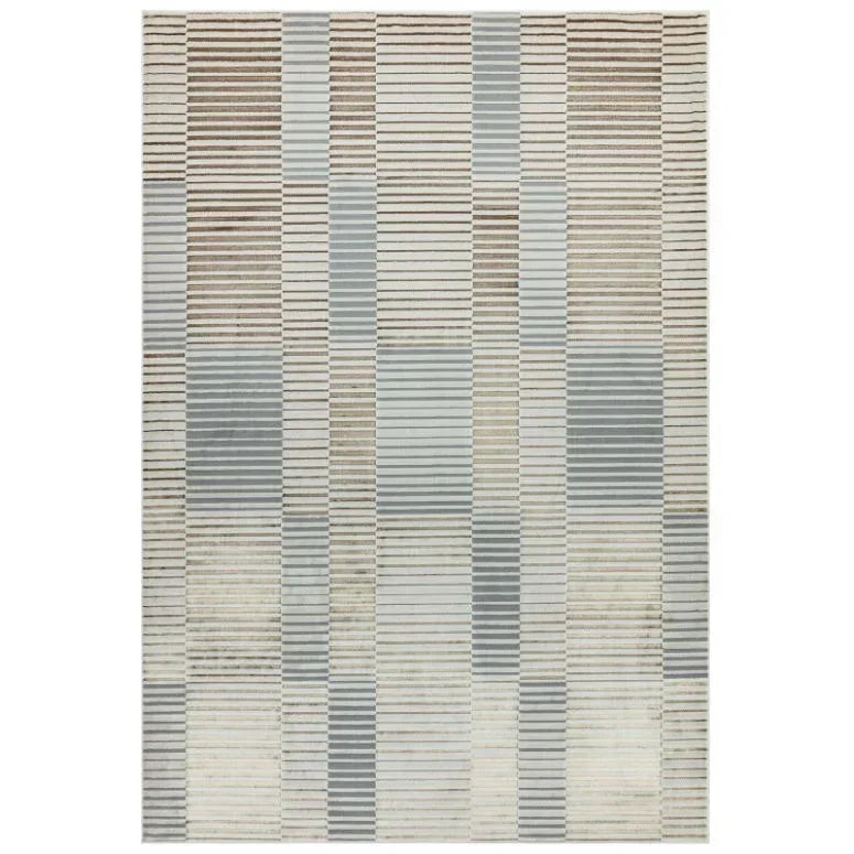 Modern area rug with beige and grey striped geometric pattern, rectangular shape