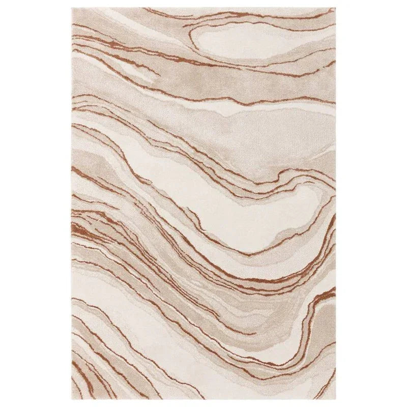 Beige and brown abstract rug with wave pattern and soft texture, shown flat from above