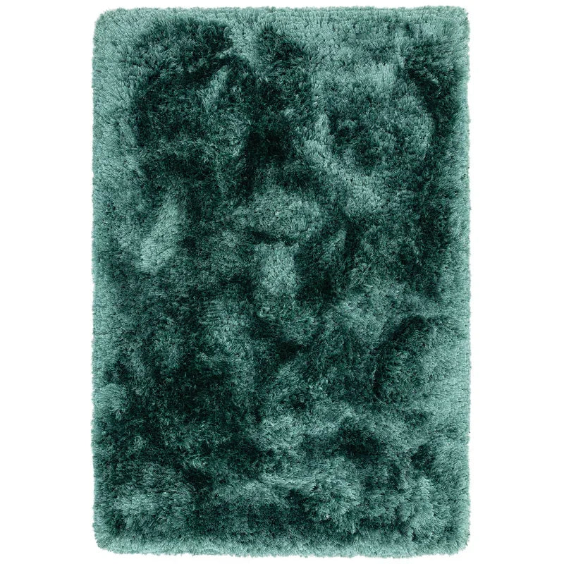 Plush dark green shaggy rug with high pile texture, rectangular and soft surface