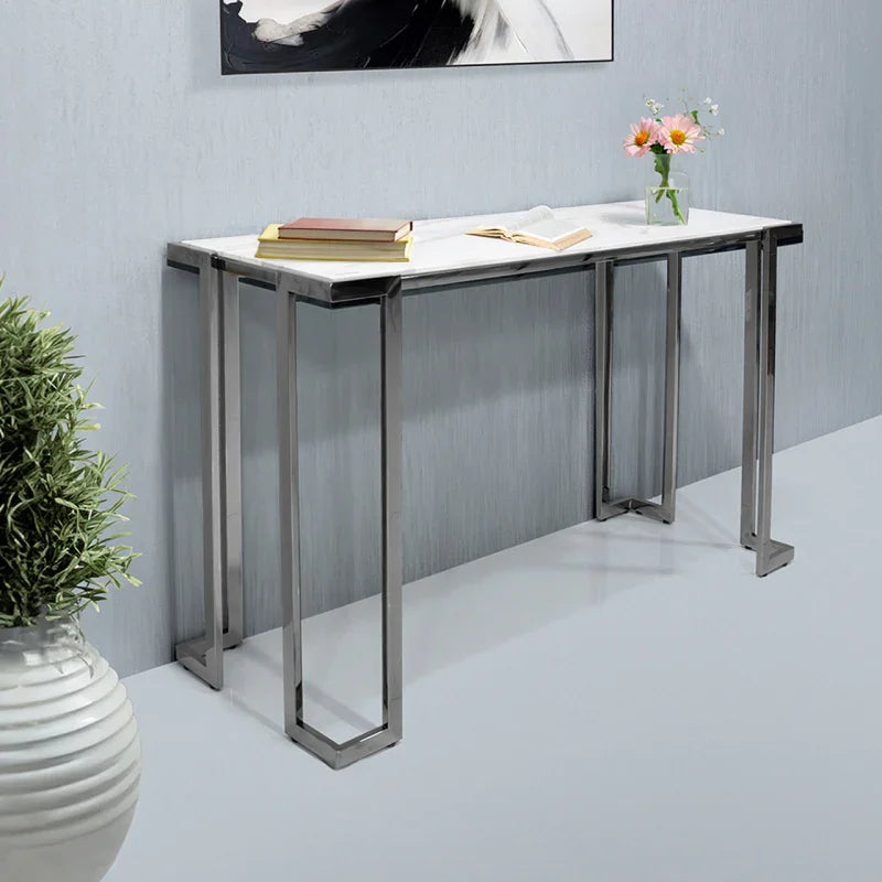 Aamari Grey Gunmetal Console Table with White Faux Marble Glass Top - KD