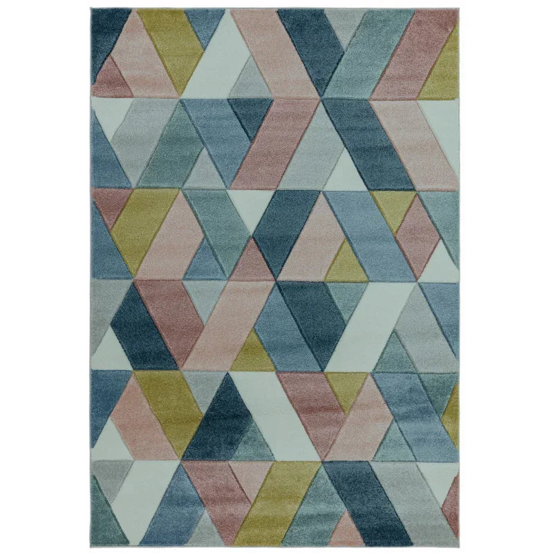 Geometric patterned rug with blue, pink, yellow, and grey triangles and shapes