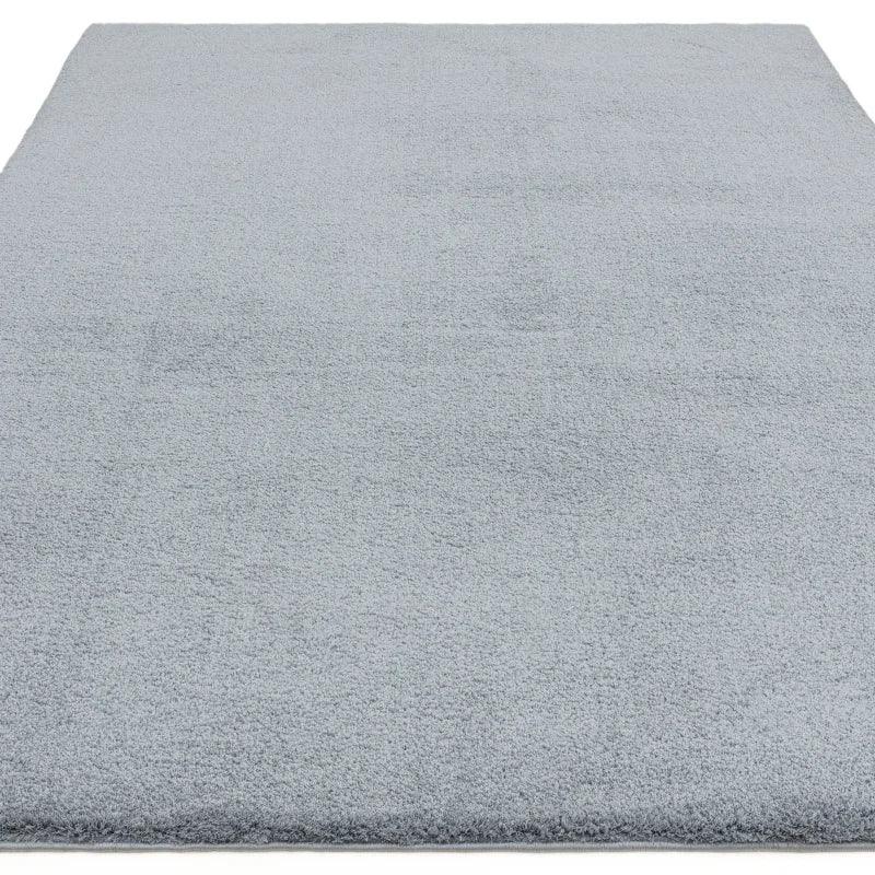 Light grey area rug with soft texture and rectangular shape, shown from above