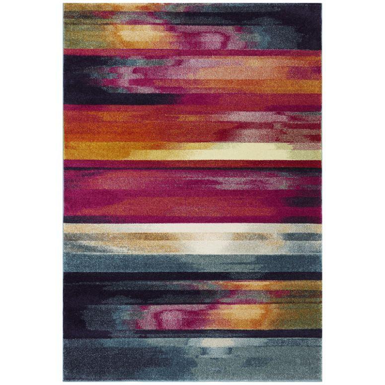 Modern area rug with horizontal stripes in red, orange, gold, and grey accent colors