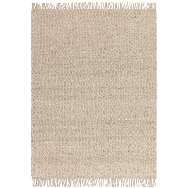 Beige woven area rug with fringed edges and textured surface