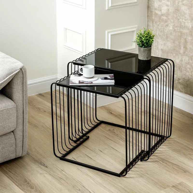 Set of 2 Black Metal with Black Glass Top Nesting Table