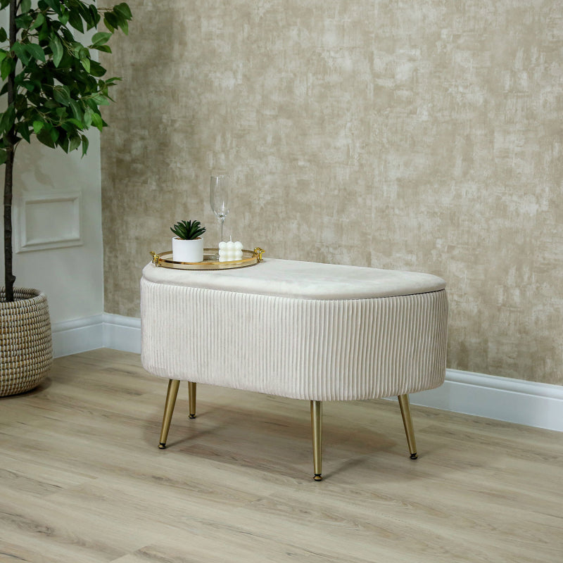 48cm Beige Velvet Storage Bench in Gold Legs