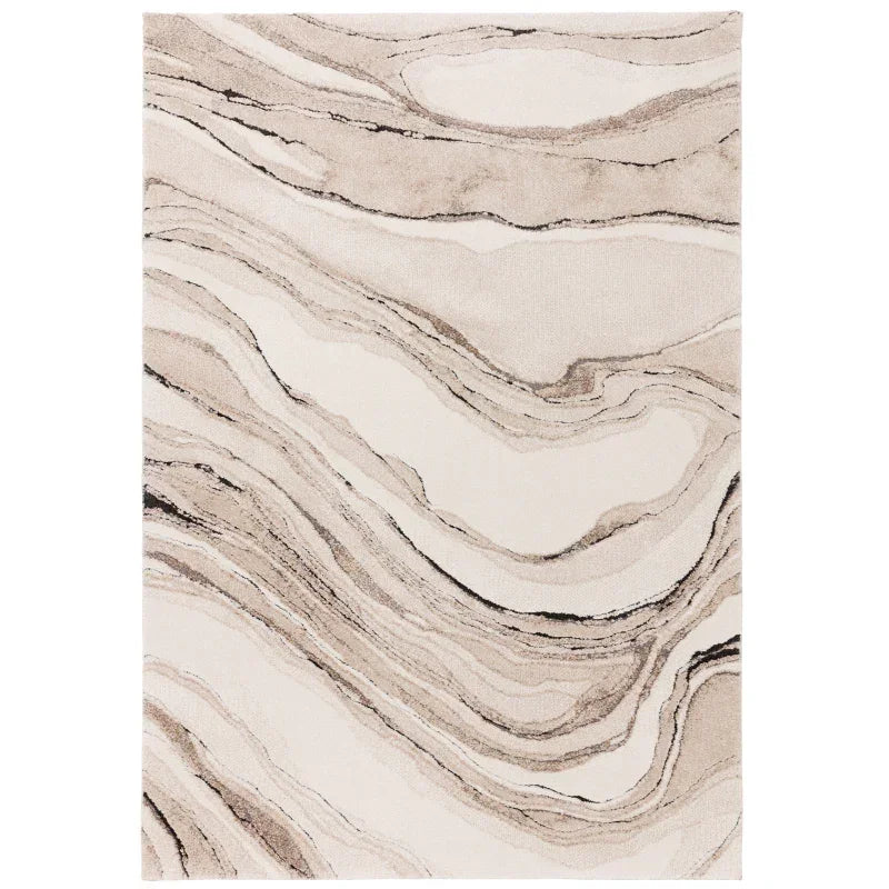 Beige abstract area rug with swirled marble pattern on a cream background