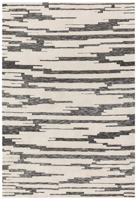 modern area rug with abstract grey and cream linear pattern