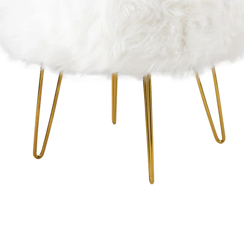 White Faux Fur Stool Ottoman with Gold Legs