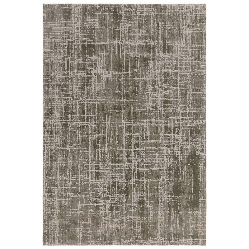 Grey area rug with abstract linear pattern and textured finish, full top view