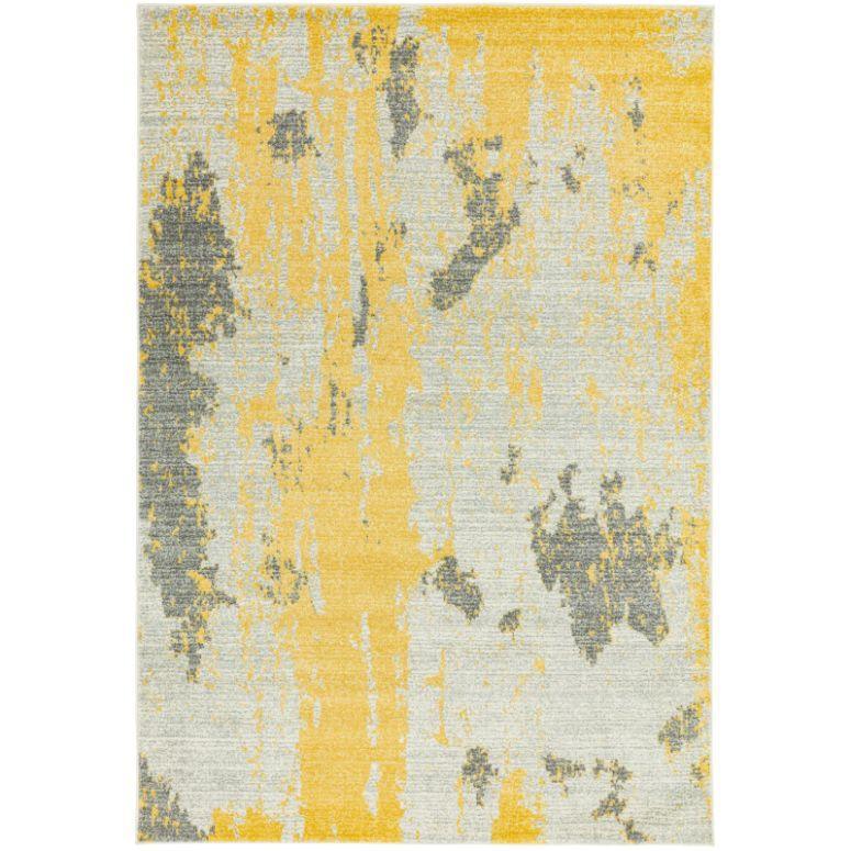 Yellow and grey abstract area rug with modern pattern
