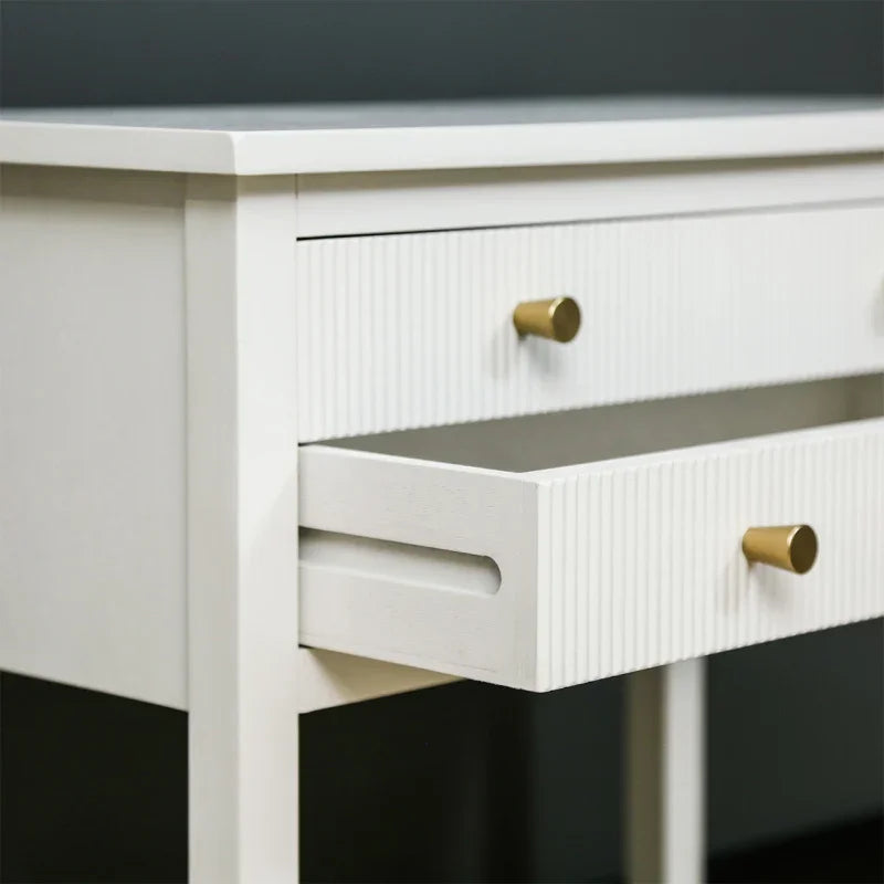 Lindon Frosty White 2 Drawer Bedside Cabinet with Clear Glass Shelf with Gold Handle