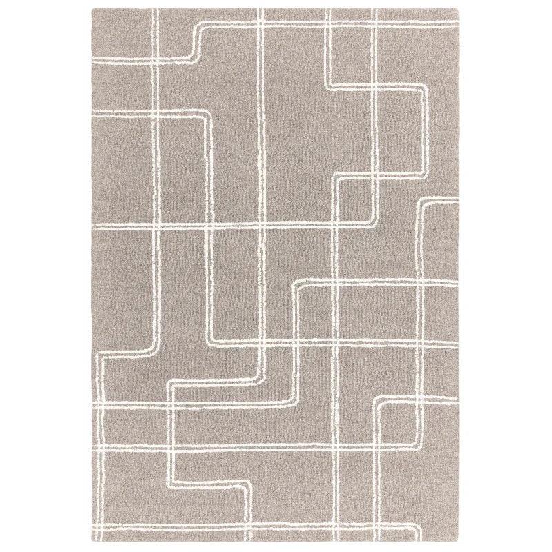 Grey area rug with white geometric line pattern, modern rectangular carpet design