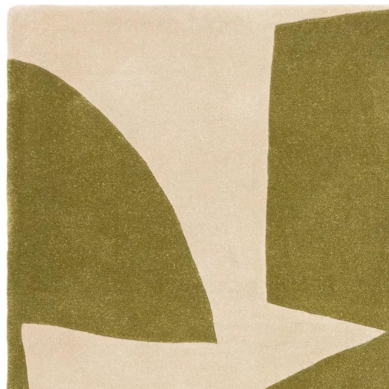 Modern geometric area rug with green and beige abstract shapes
