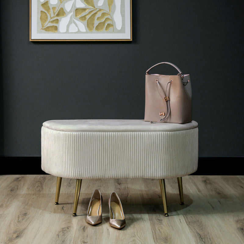 48cm Beige Velvet Storage Bench in Gold Legs