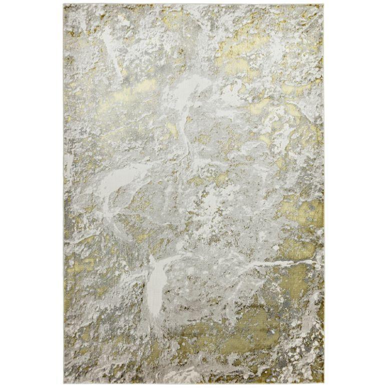 Abstract area rug with gold and silver marble pattern