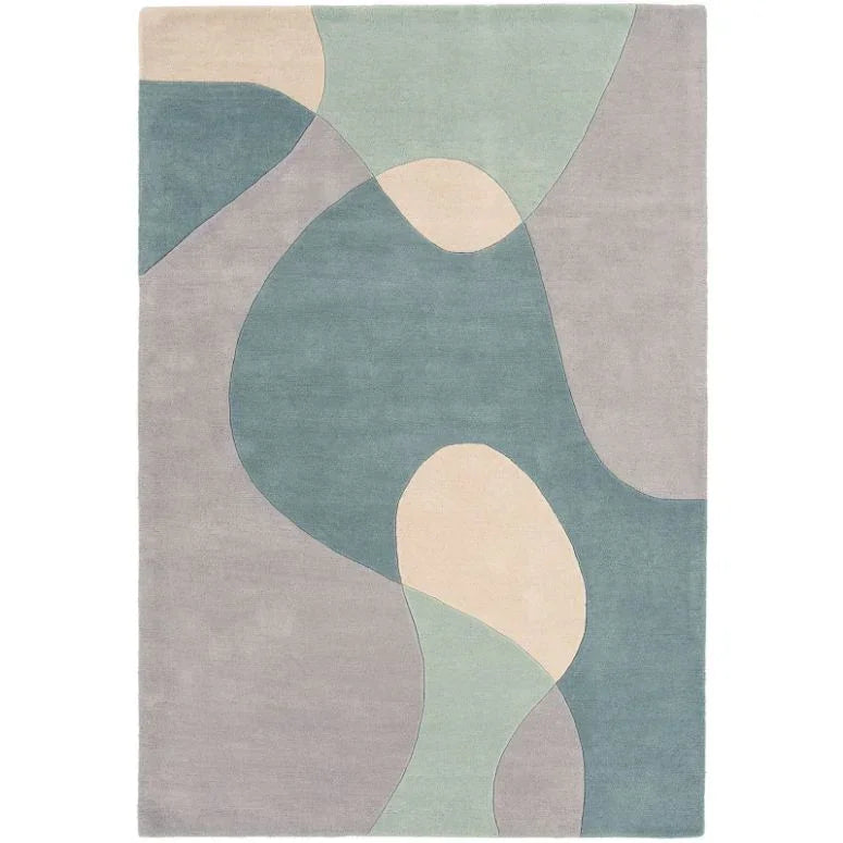 Abstract modern area rug with pastel blue, green, and cream curved geometric shapes