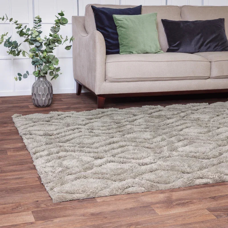 Shaggy beige rug with textured pattern on wood floor beside neutral sofa and green plant
