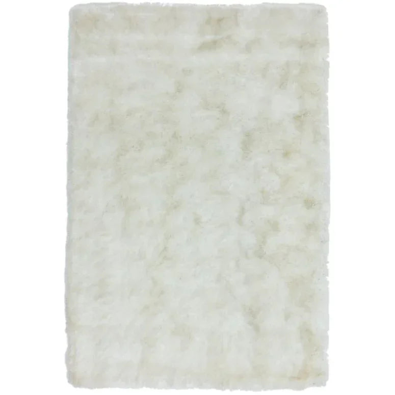 Rectangular white fluffy rug with thick pile and soft texture, top view