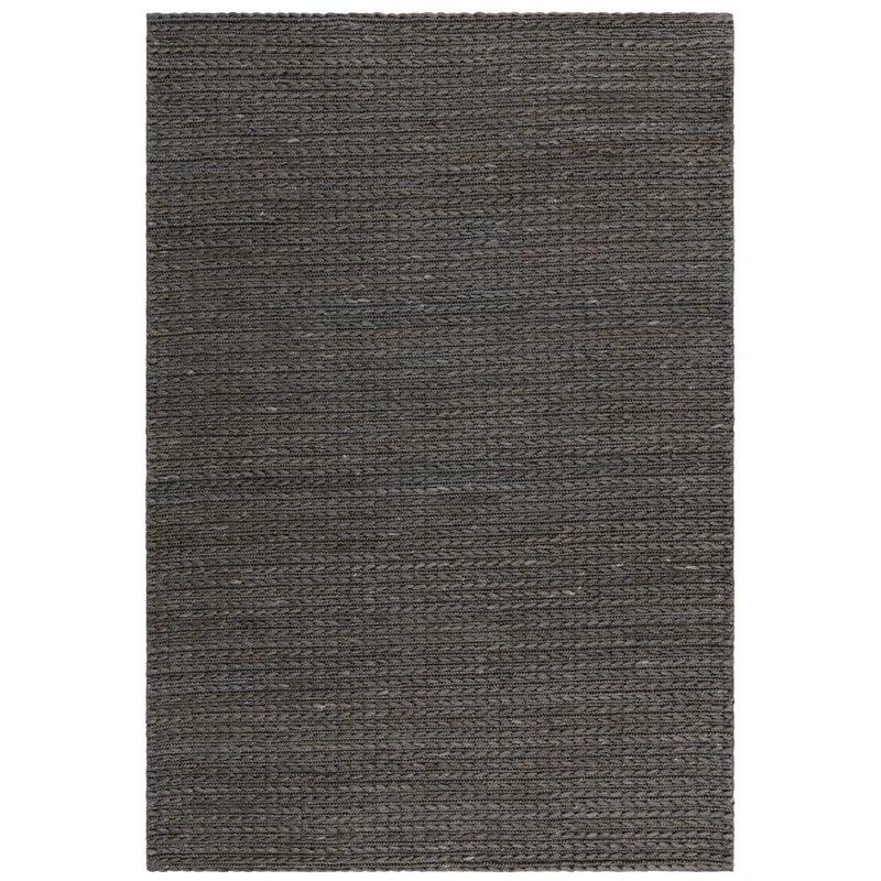 Rectangular dark grey woven rug with textured surface and subtle horizontal lines